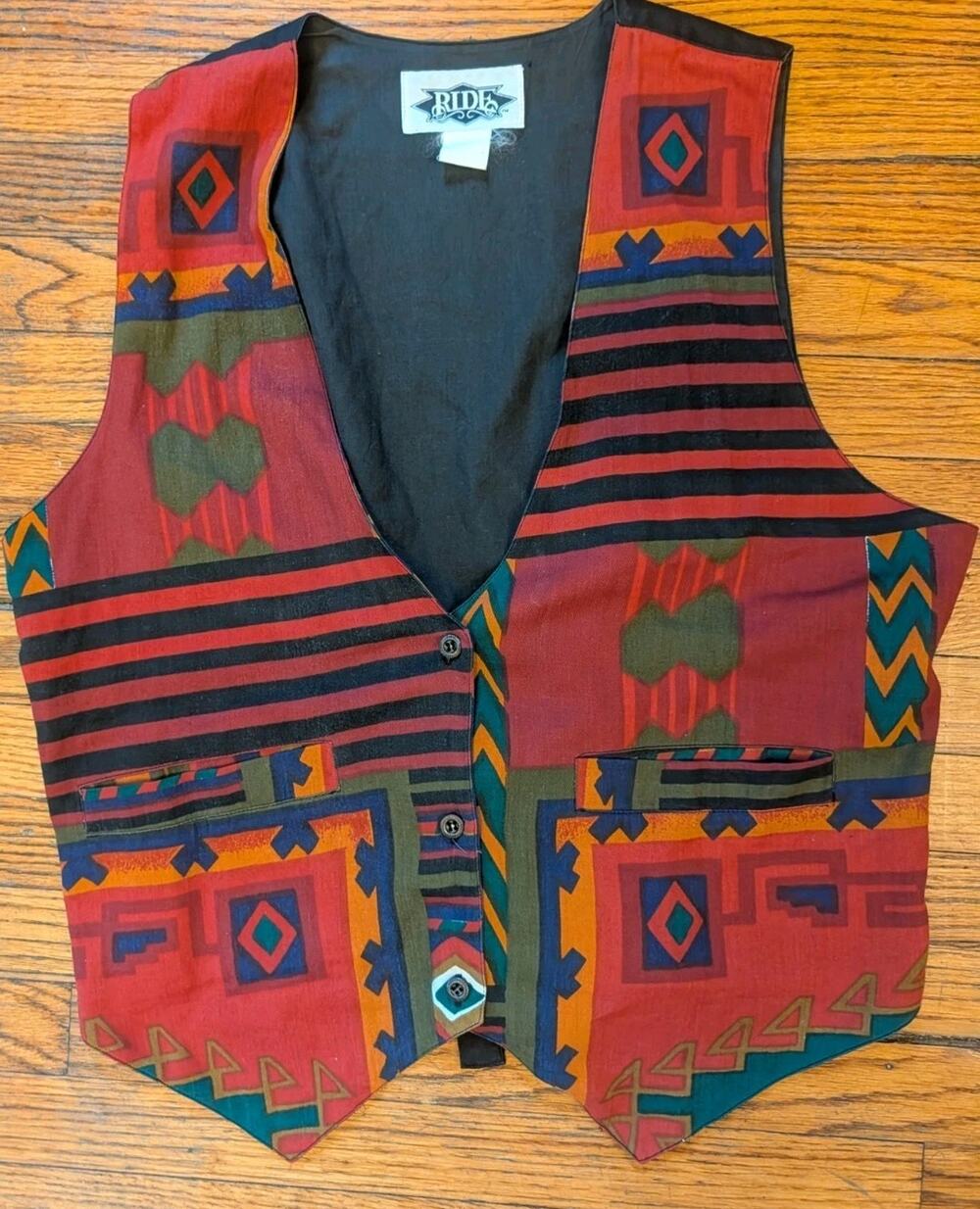 VTG 1990s black tapestry vest Large Western southwestern red Black ROUGH RIDER